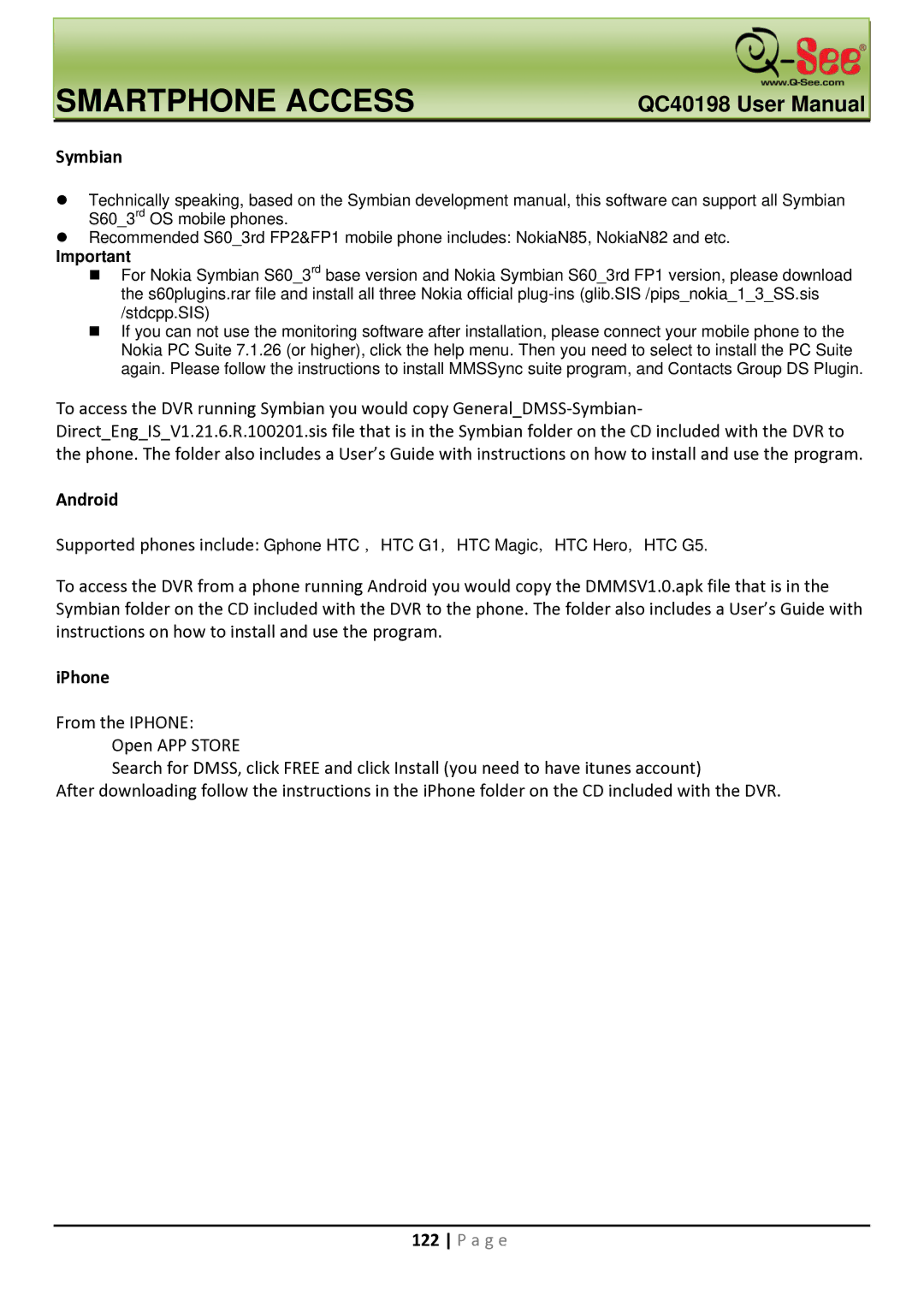 Q-See QC40198 user manual Symbian 