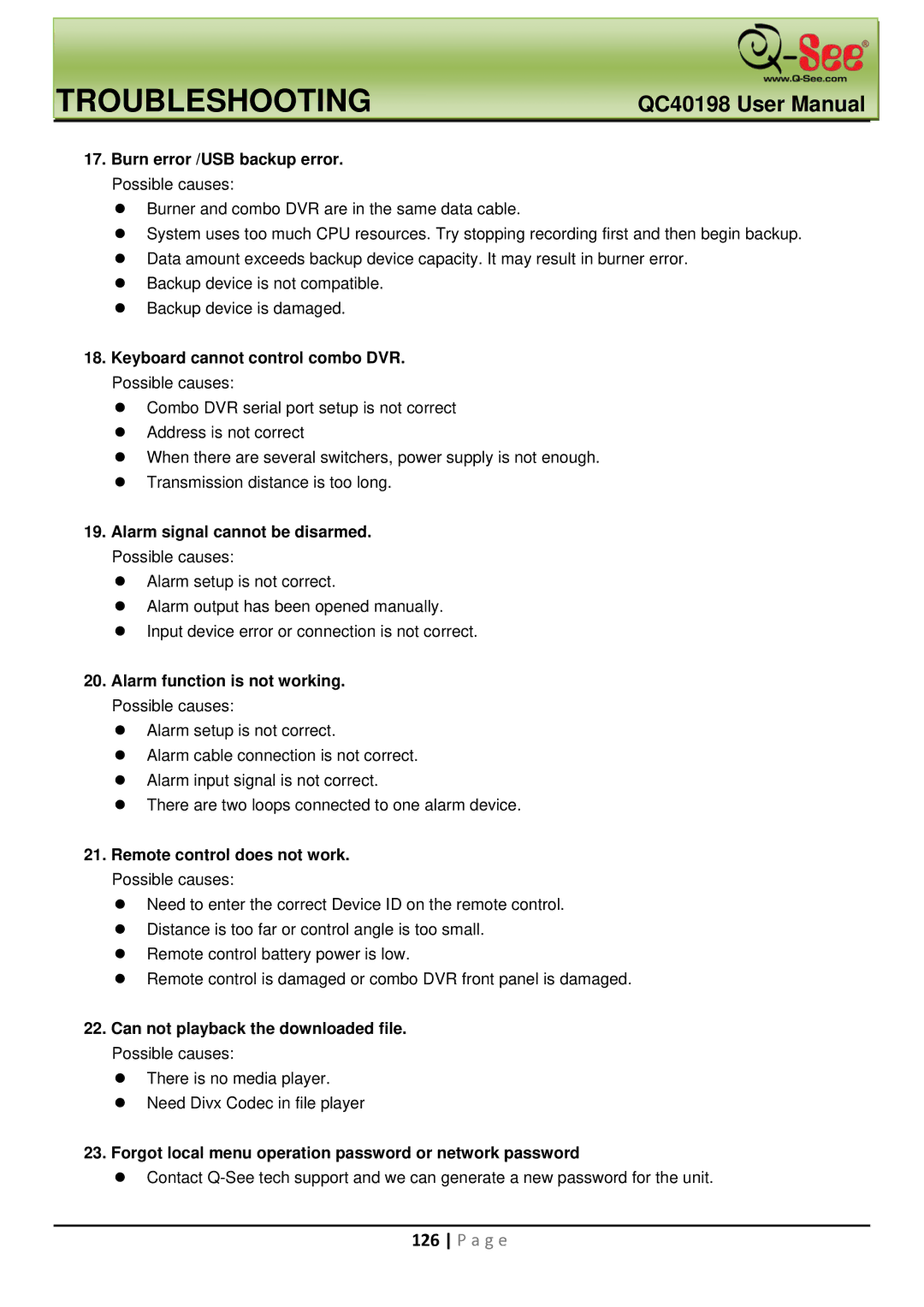 Q-See QC40198 user manual Burn error /USB backup error. Possible causes, Keyboard cannot control combo DVR. Possible causes 