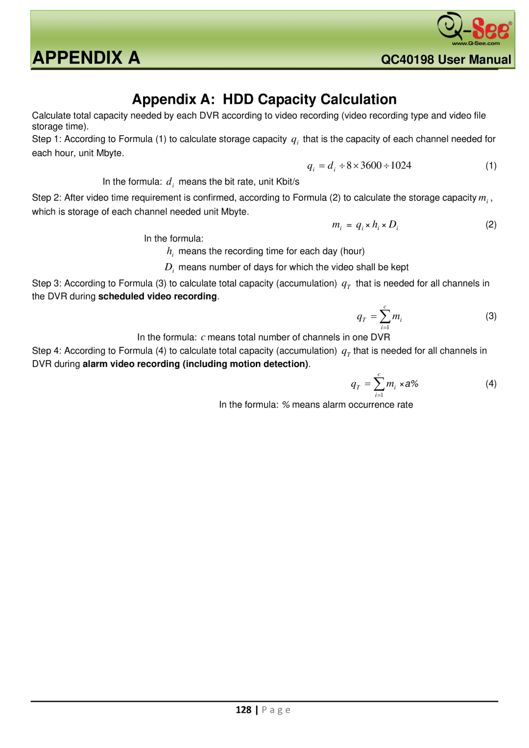 Q-See QC40198 user manual Appendix a HDD Capacity Calculation 