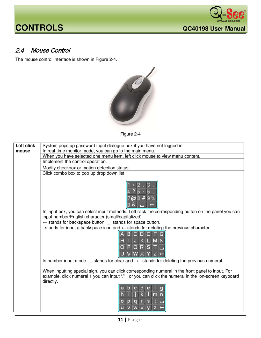 Q-See QC40198 user manual Mouse Control 