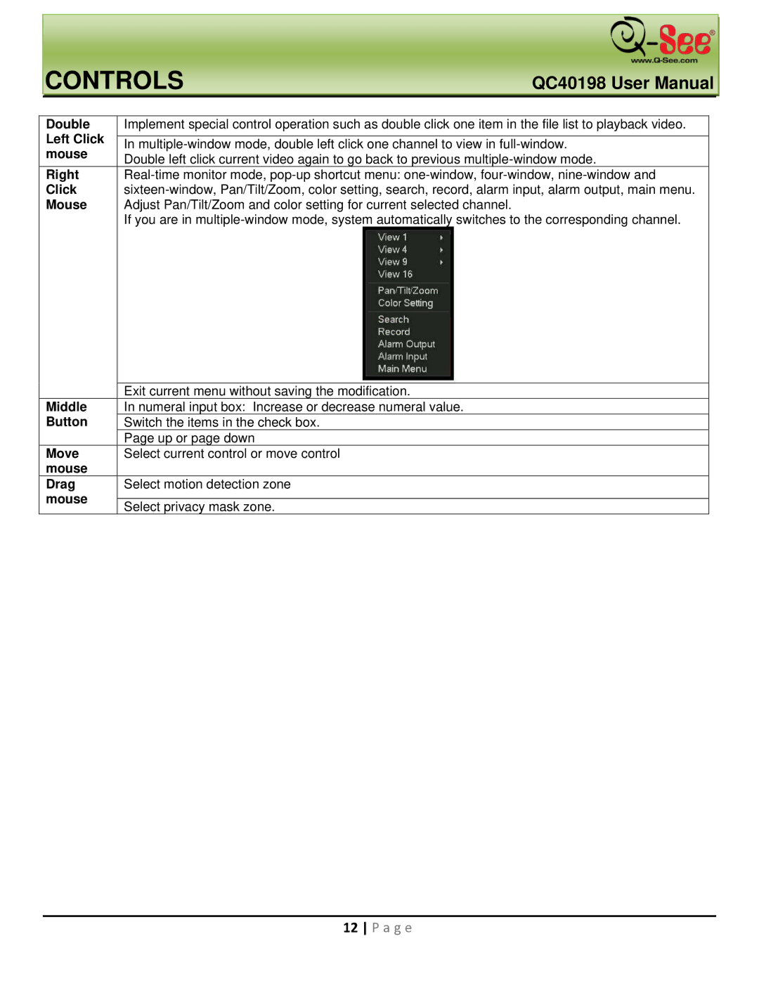 Q-See QC40198 user manual Double, Left Click, Right, Middle, Button, Move, Mouse Drag 