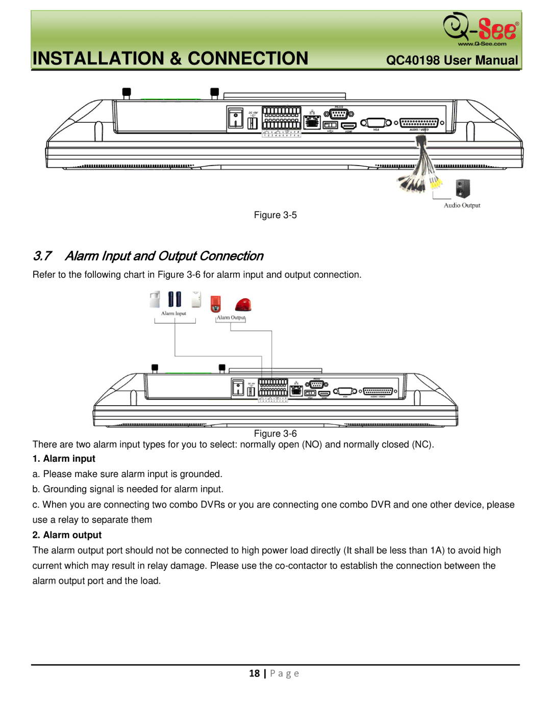 Q-See QC40198 user manual Alarm Input and Output Connection, Alarm input, Alarm output 