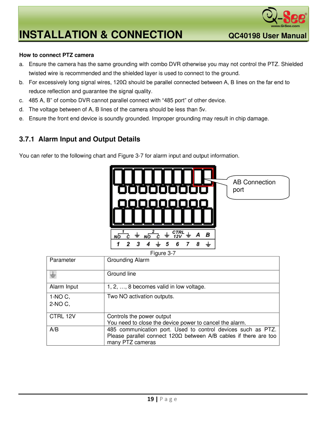 Q-See QC40198 user manual Alarm Input and Output Details, How to connect PTZ camera 