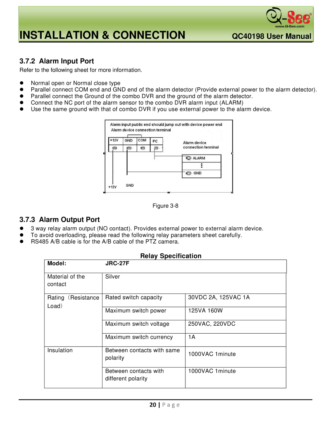 Q-See QC40198 user manual Alarm Input Port, Alarm Output Port, Model JRC-27F 