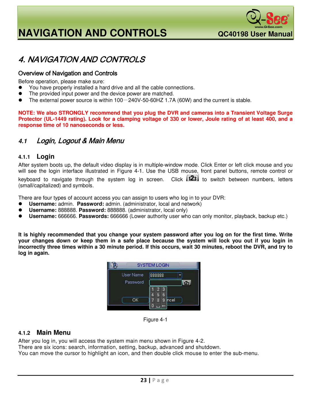 Q-See QC40198 user manual Navigation and Controls, Login, Logout & Main Menu 