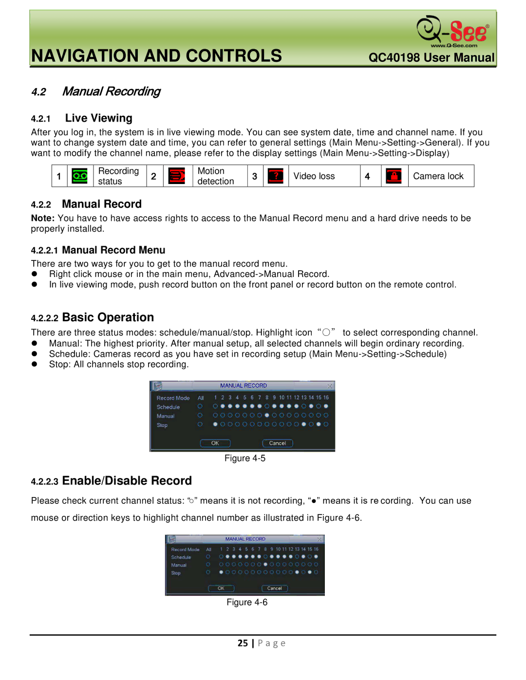 Q-See QC40198 user manual Manual Recording, Basic Operation, Enable/Disable Record, Live Viewing 