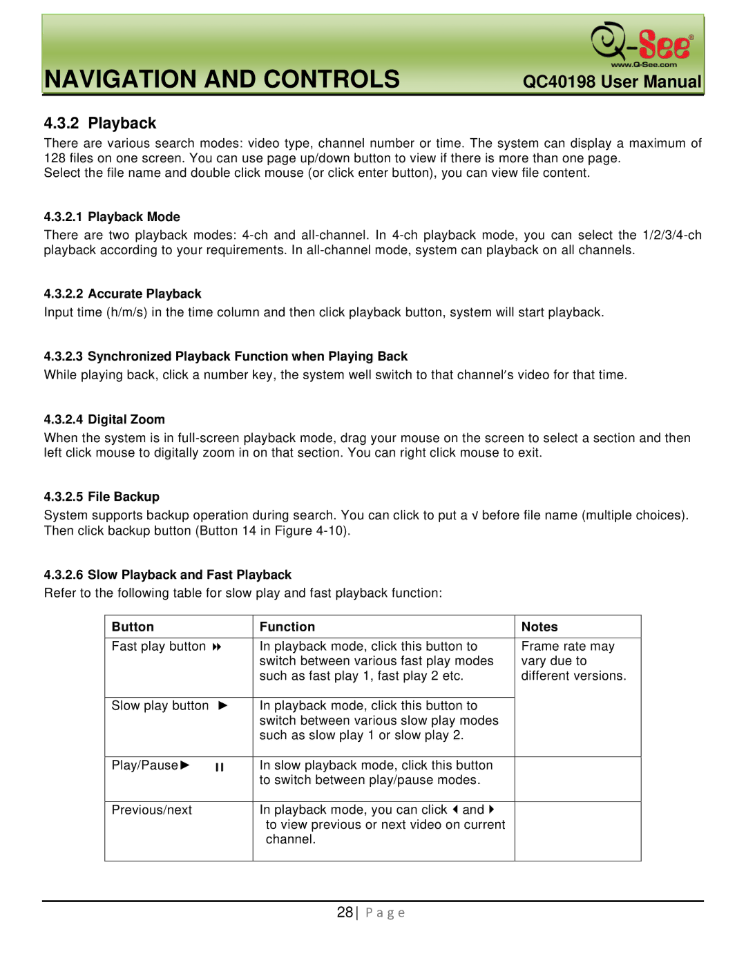 Q-See QC40198 user manual Playback 