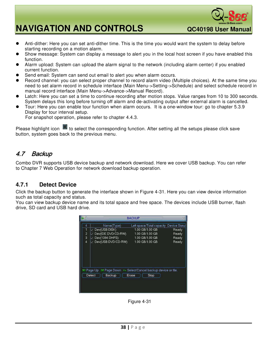 Q-See QC40198 user manual Backup, Detect Device 