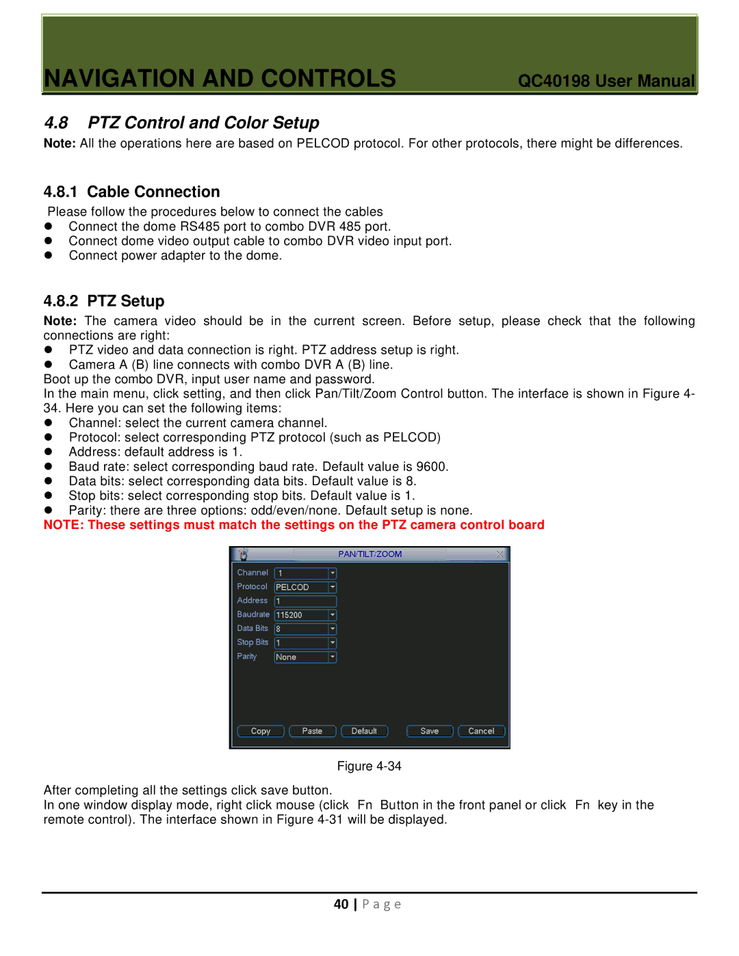 Q-See QC40198 user manual PTZ Control and Color Setup, Cable Connection, PTZ Setup 