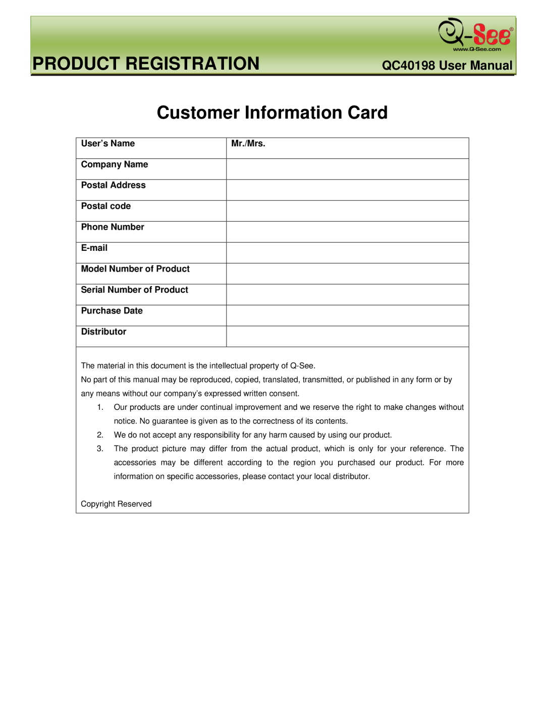 Q-See QC40198 user manual Product Registration, Customer Information Card 