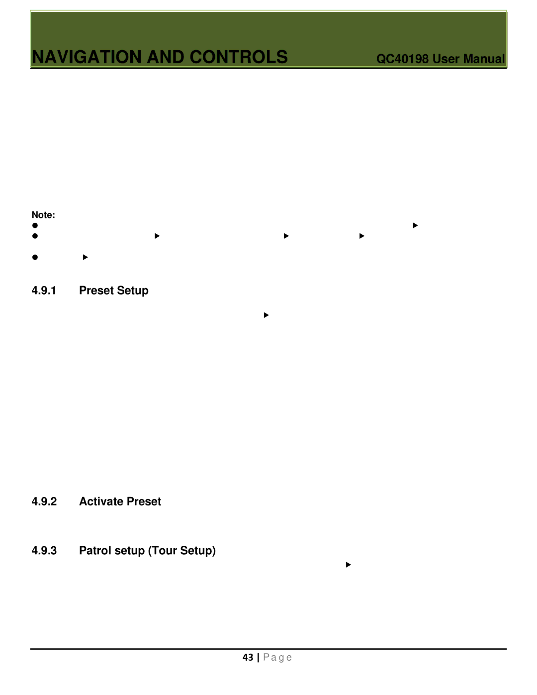 Q-See QC40198 user manual Preset Setup, Activate Preset, Patrol setup Tour Setup 