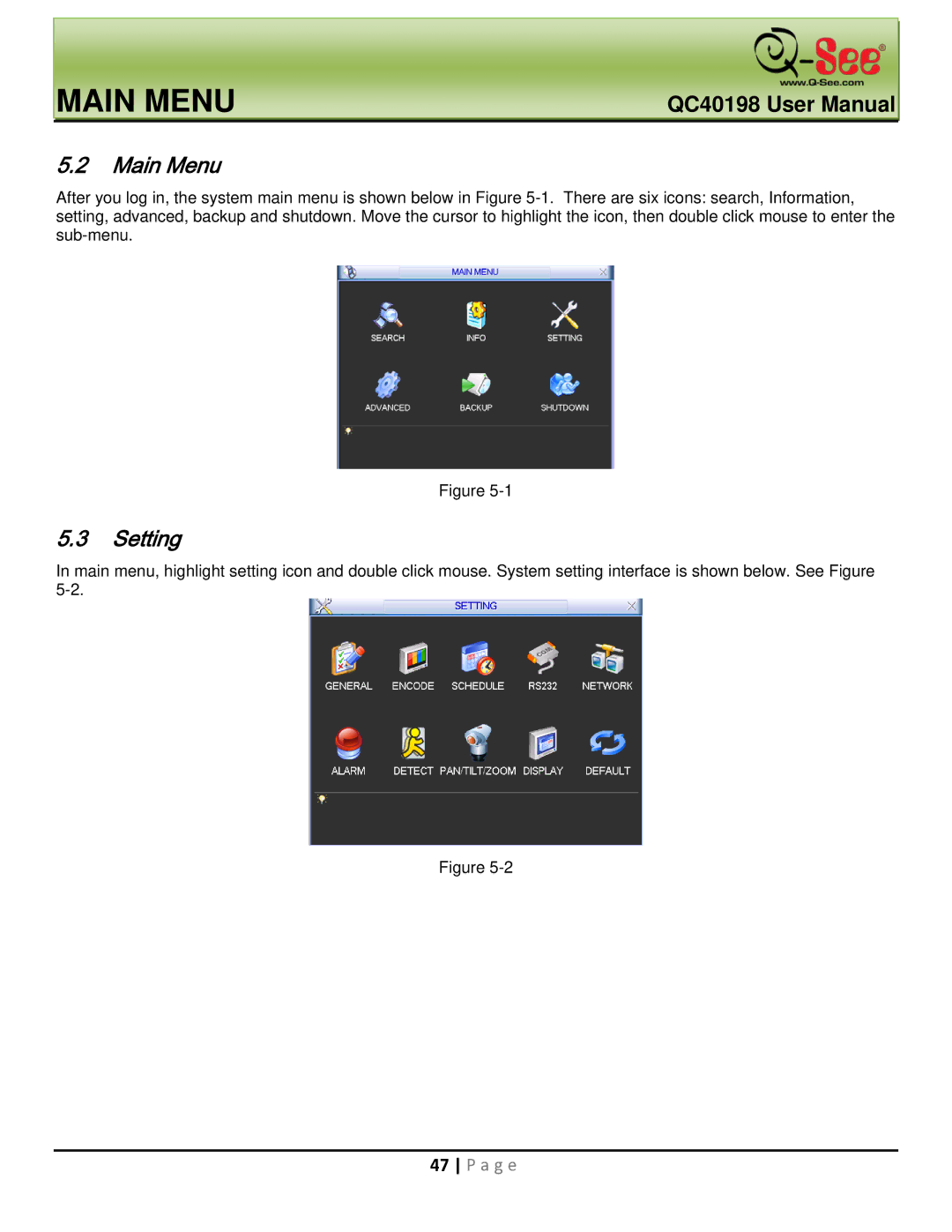 Q-See QC40198 user manual Main Menu, Setting 