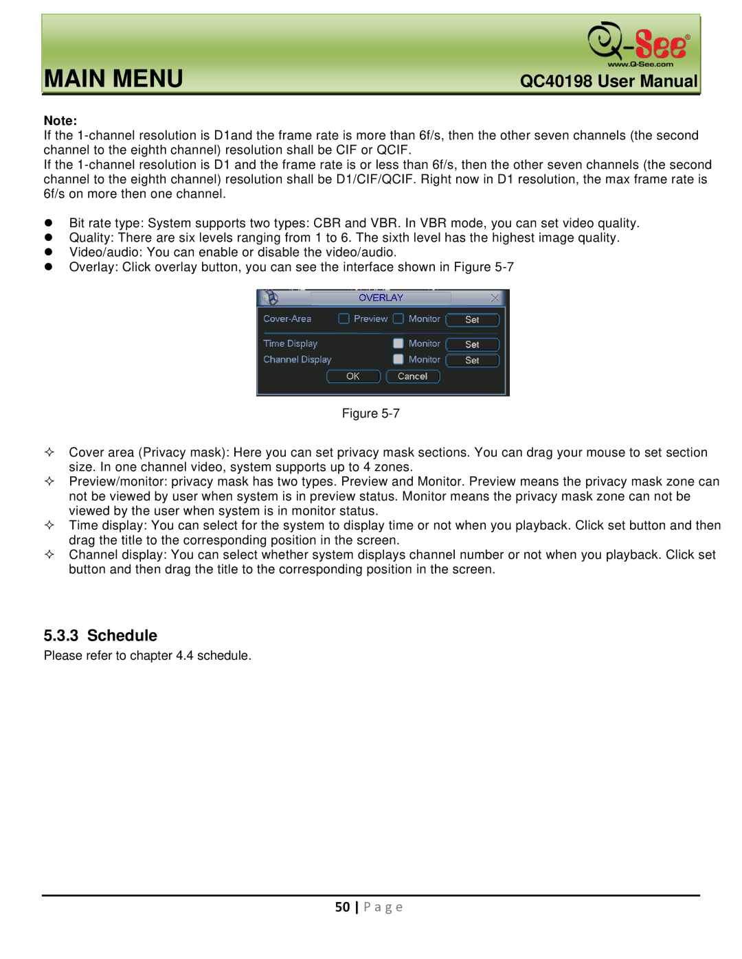 Q-See QC40198 user manual Schedule 