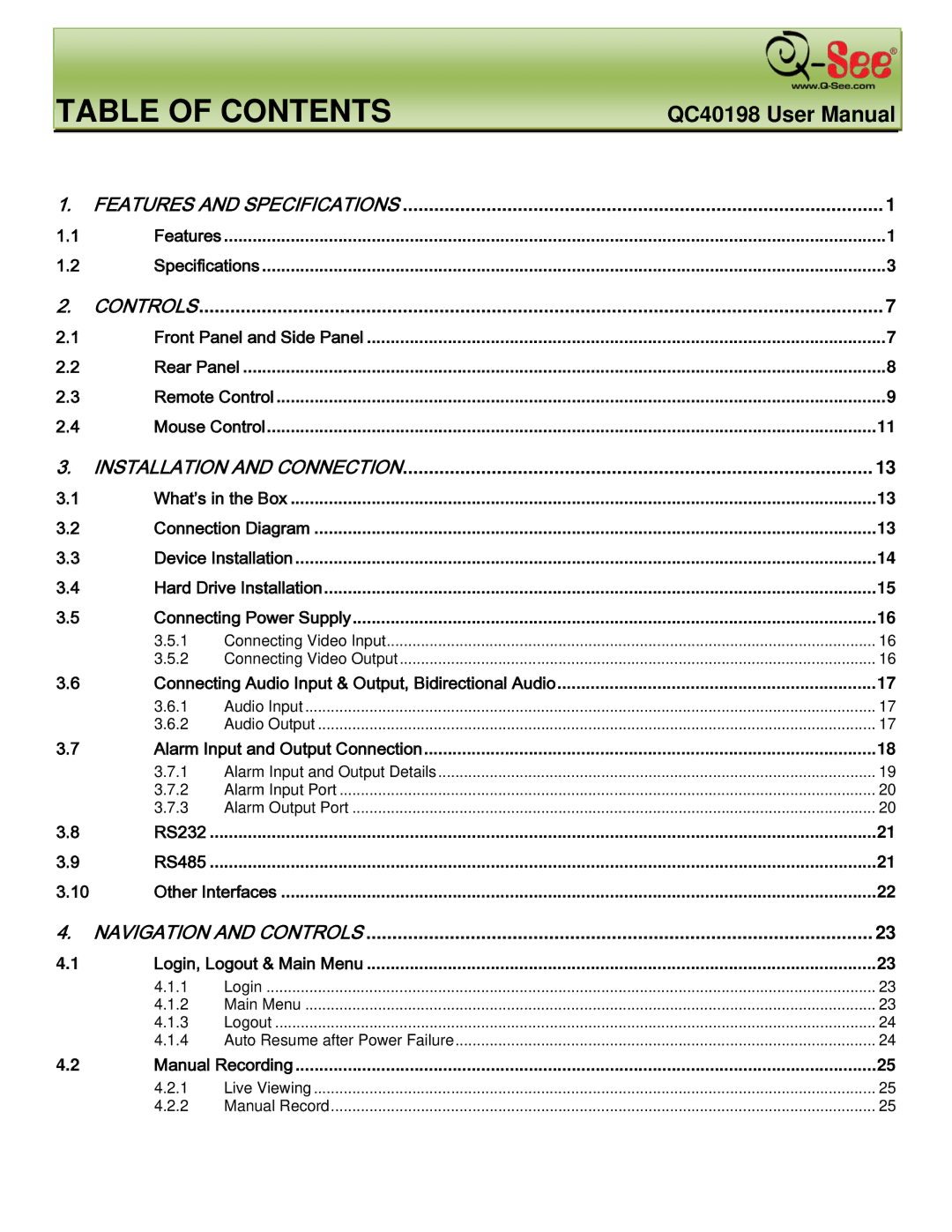 Q-See QC40198 user manual Table of Contents 