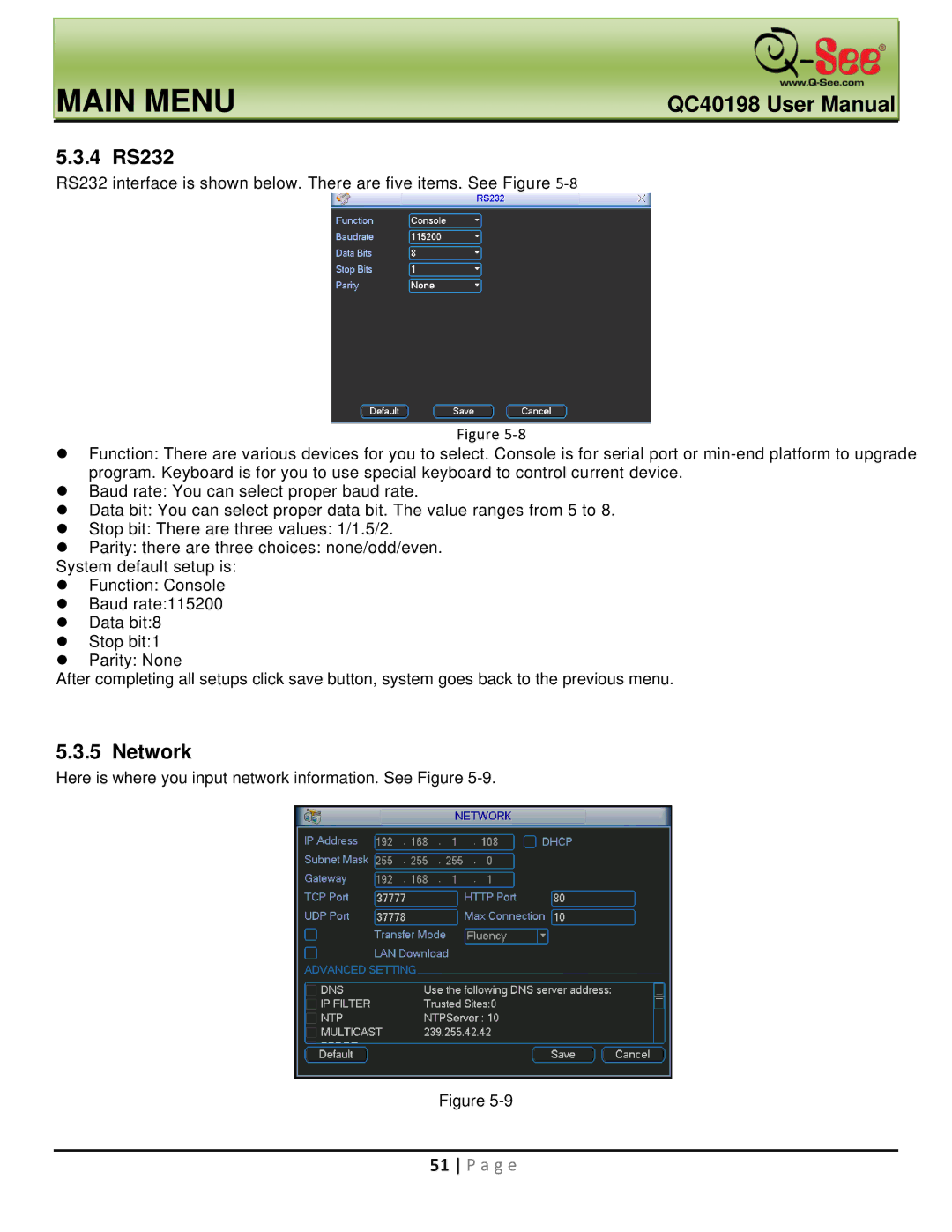 Q-See QC40198 user manual 4 RS232, Network 