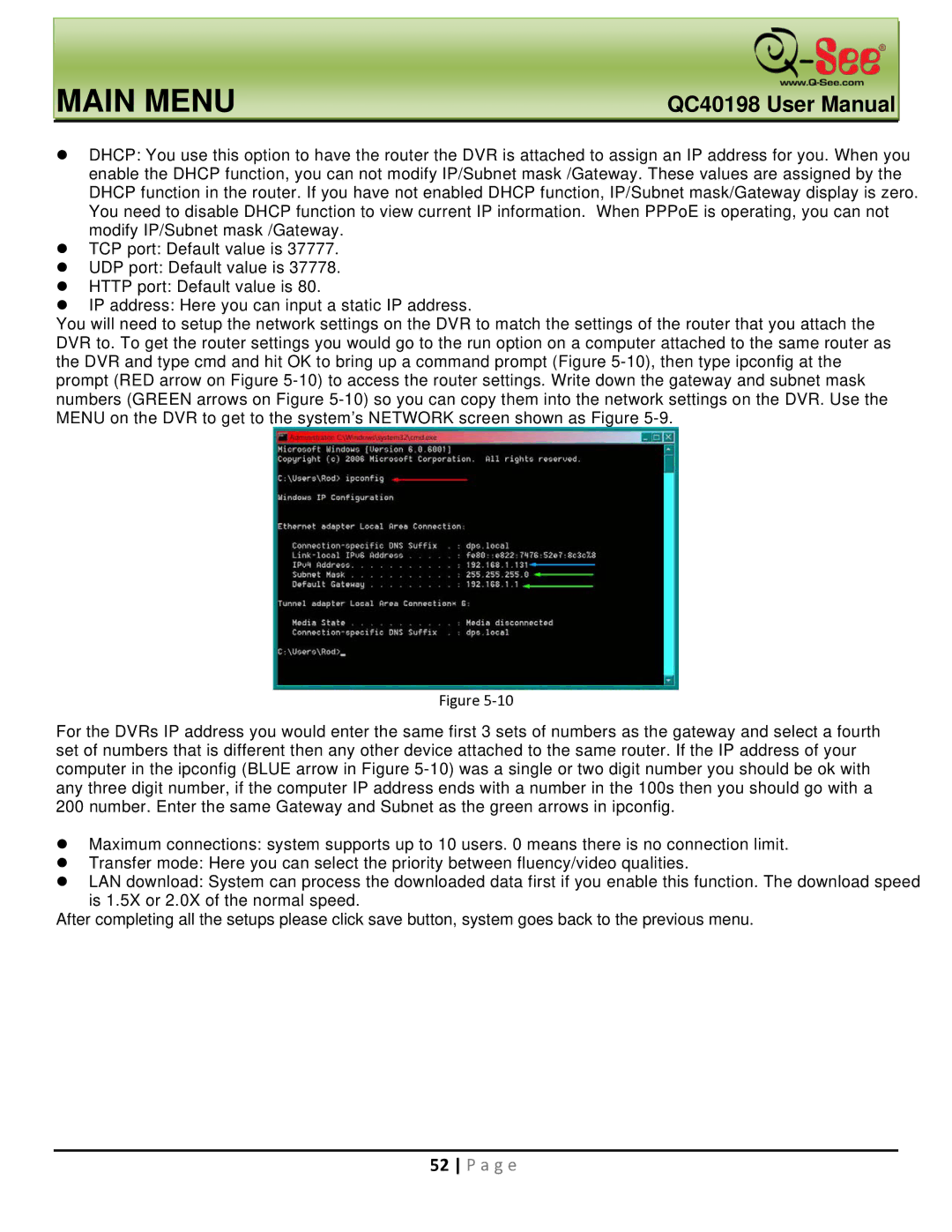 Q-See QC40198 user manual Main Menu 