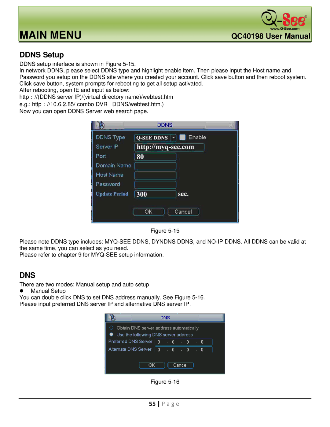 Q-See QC40198 user manual Ddns Setup, Dns 