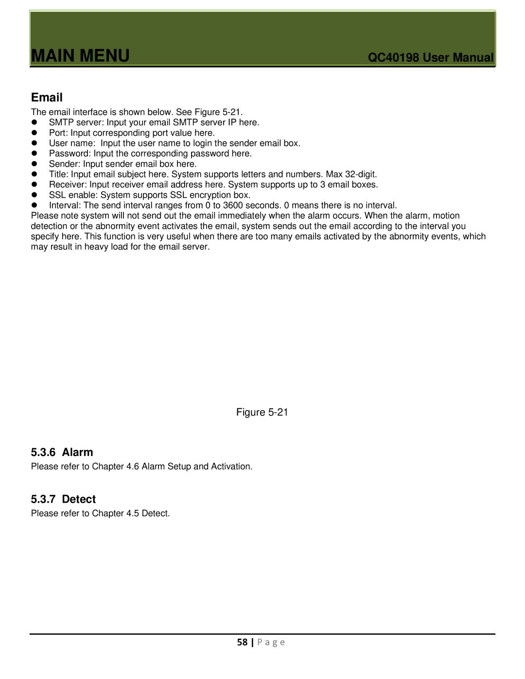 Q-See QC40198 user manual Alarm, Detect 