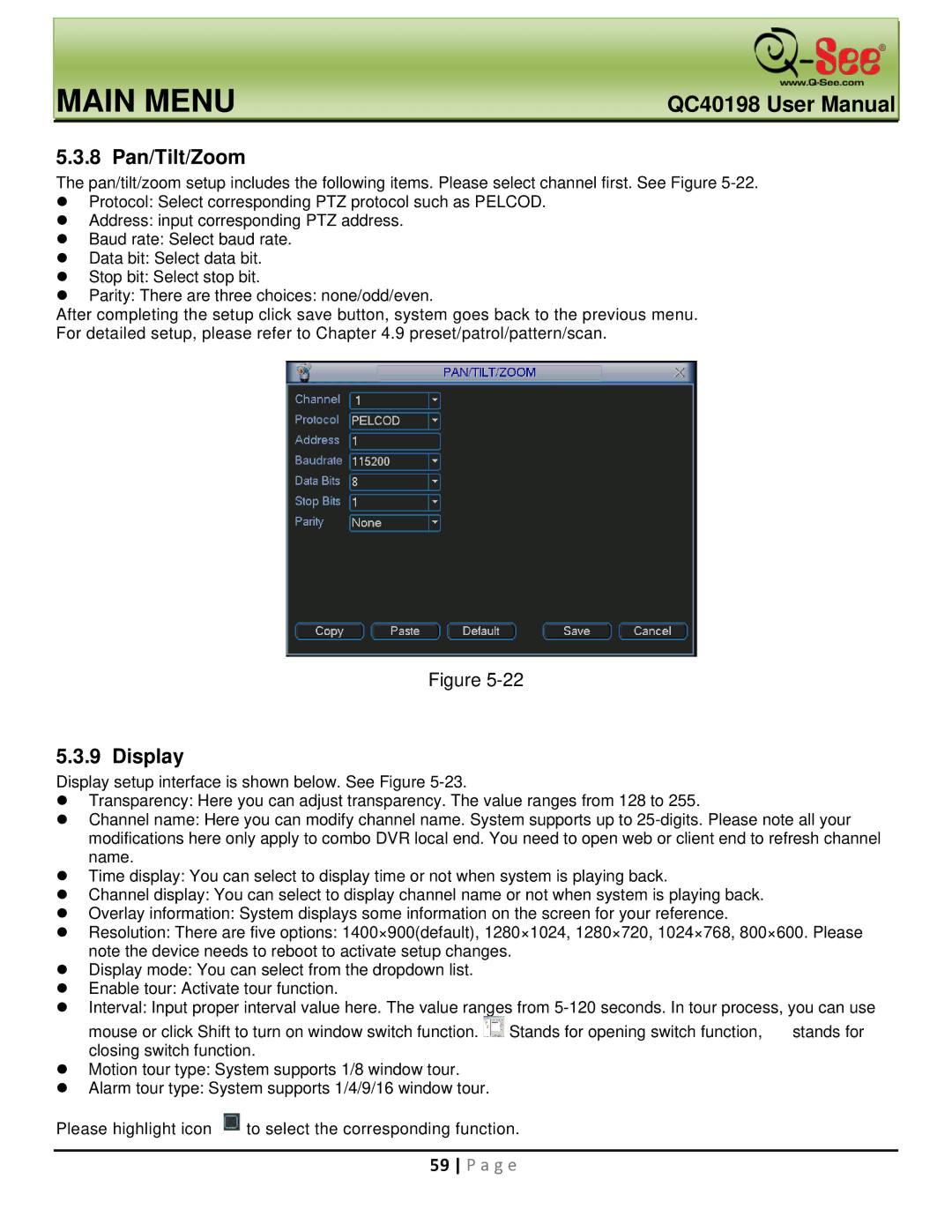 Q-See QC40198 user manual 8 Pan/Tilt/Zoom, Display 