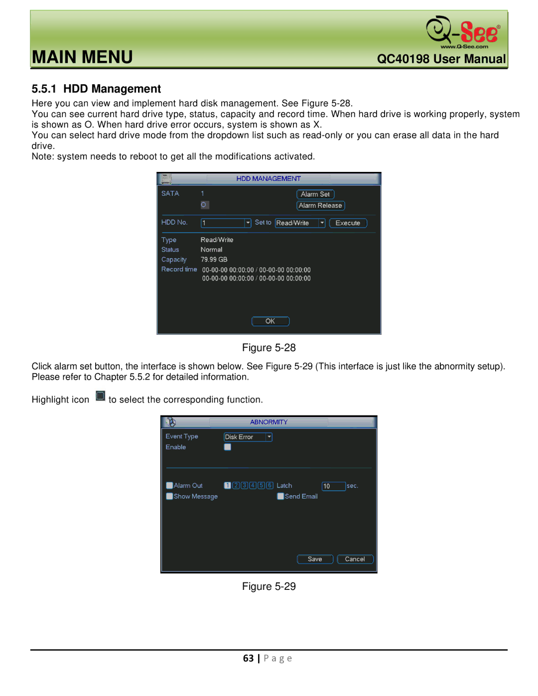 Q-See QC40198 user manual HDD Management 