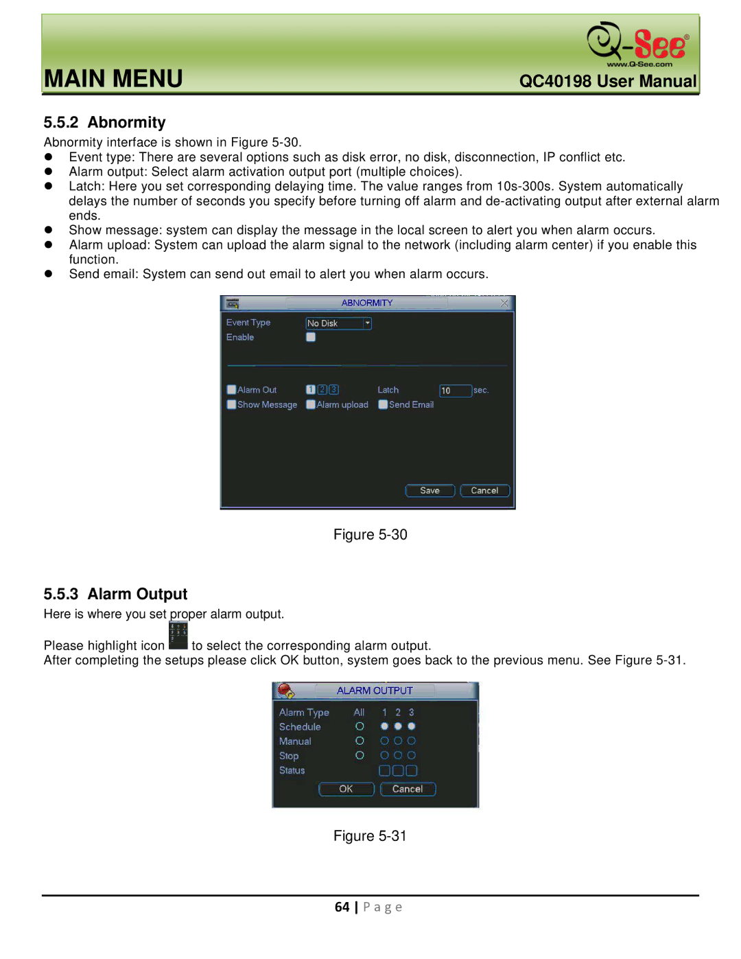 Q-See QC40198 user manual Abnormity, Alarm Output 