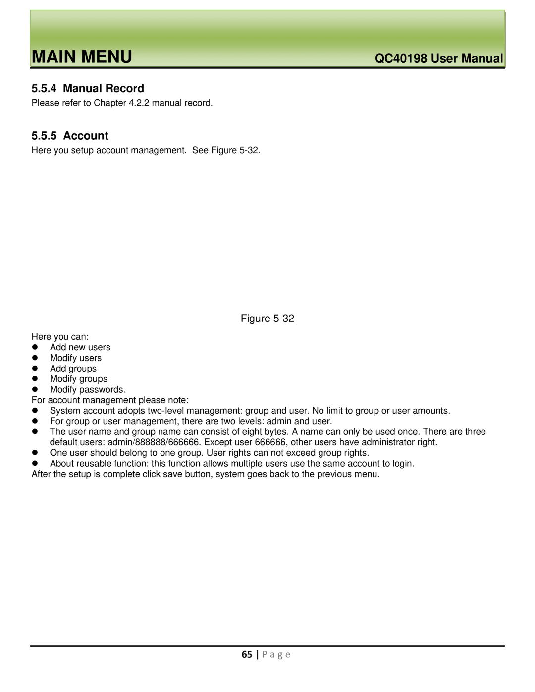 Q-See QC40198 user manual Manual Record, Account 