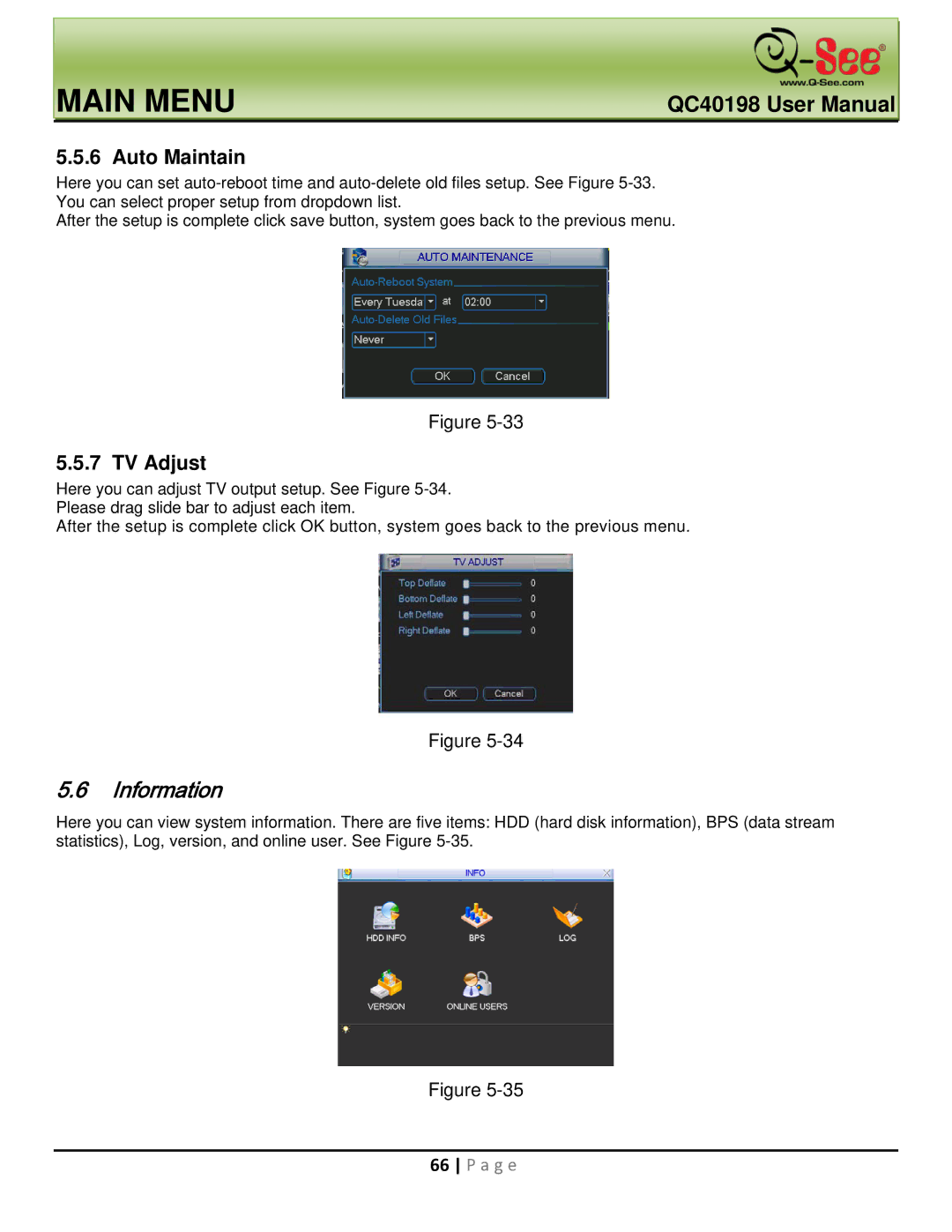 Q-See QC40198 user manual Information, Auto Maintain, TV Adjust 