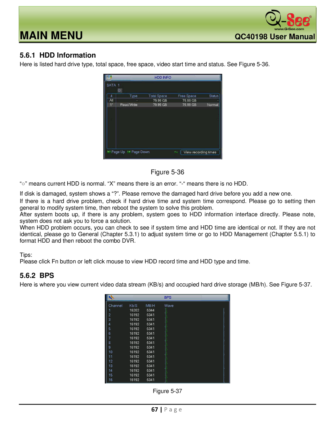 Q-See QC40198 user manual HDD Information, 2 BPS 