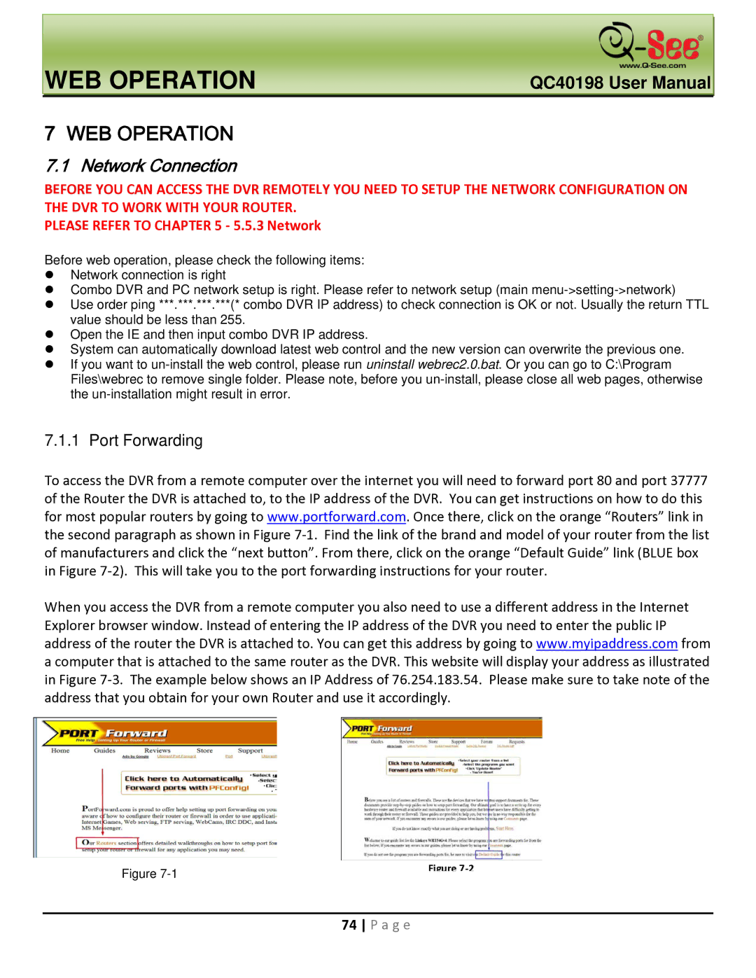 Q-See QC40198 user manual WEB Operation, Network Connection 