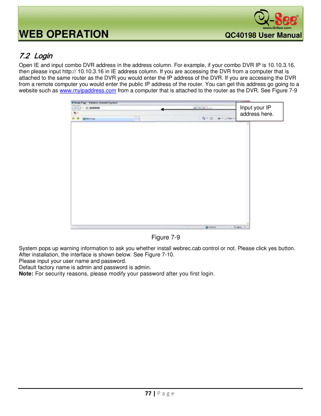 Q-See QC40198 user manual Login 