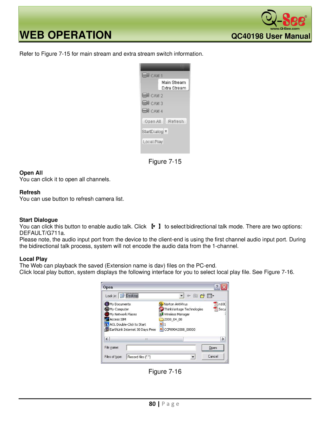 Q-See QC40198 user manual Open All, Refresh, Start Dialogue, Local Play 