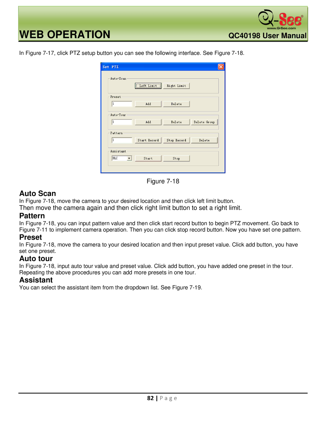 Q-See QC40198 user manual Auto Scan, Pattern, Preset, Auto tour, Assistant 