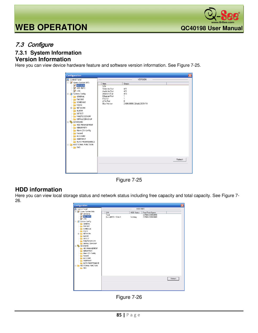 Q-See QC40198 user manual Configure, Version Information, HDD information, System Information 