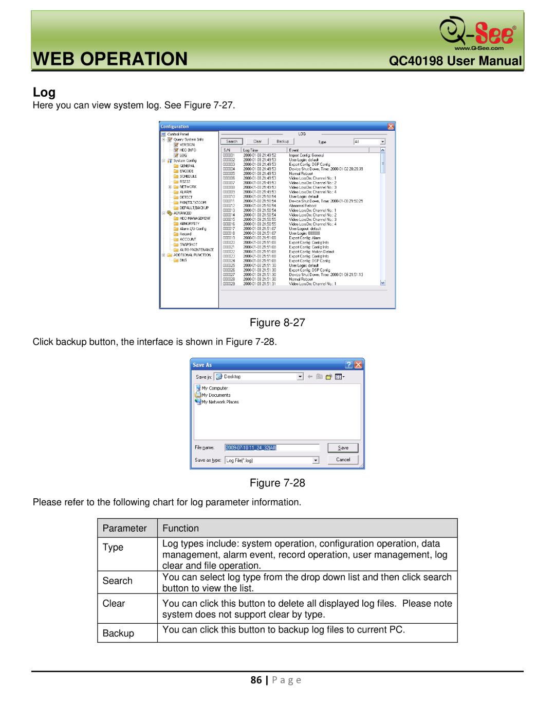 Q-See QC40198 user manual Log 