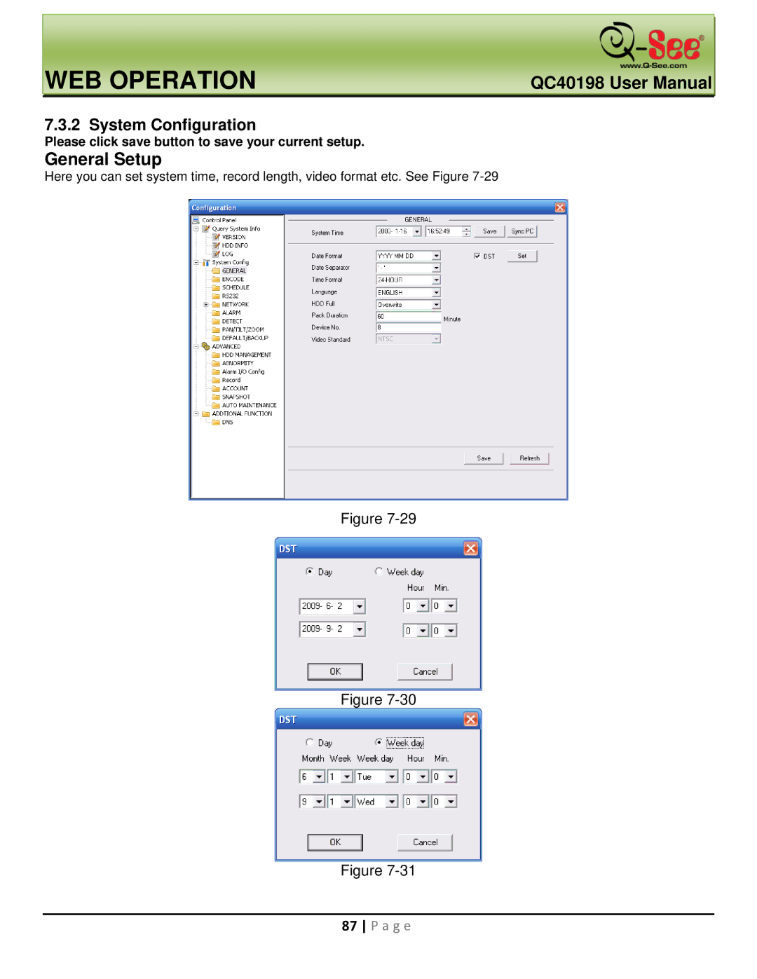 Q-See QC40198 user manual General Setup, System Configuration, Please click save button to save your current setup 