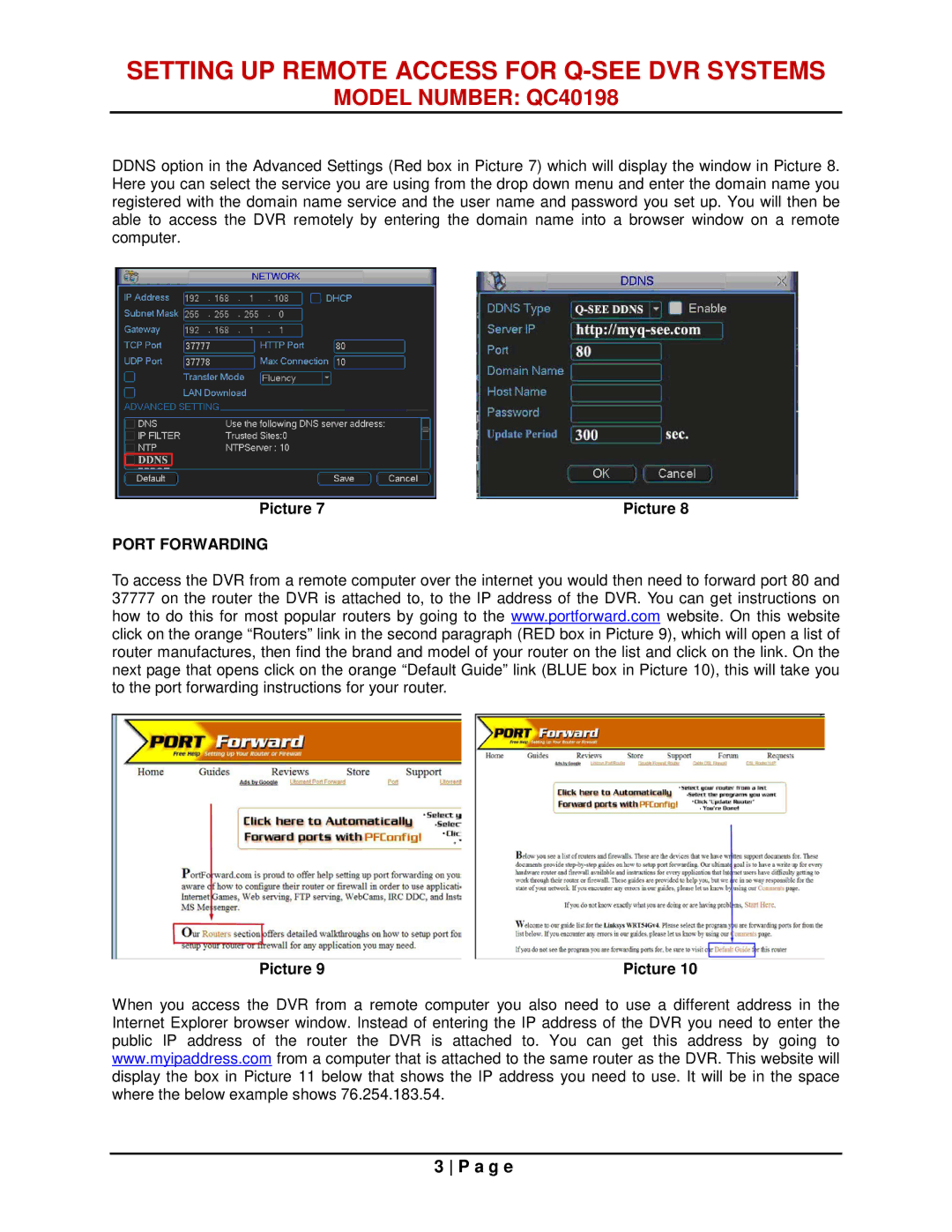 Q-See QC40198 manual Port Forwarding 