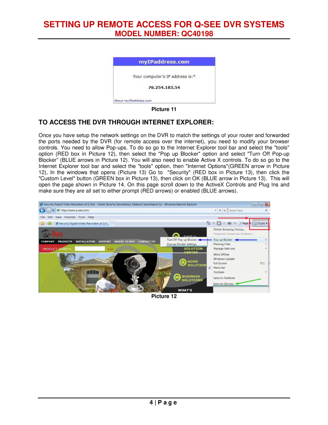 Q-See QC40198 manual To Access the DVR Through Internet Explorer 