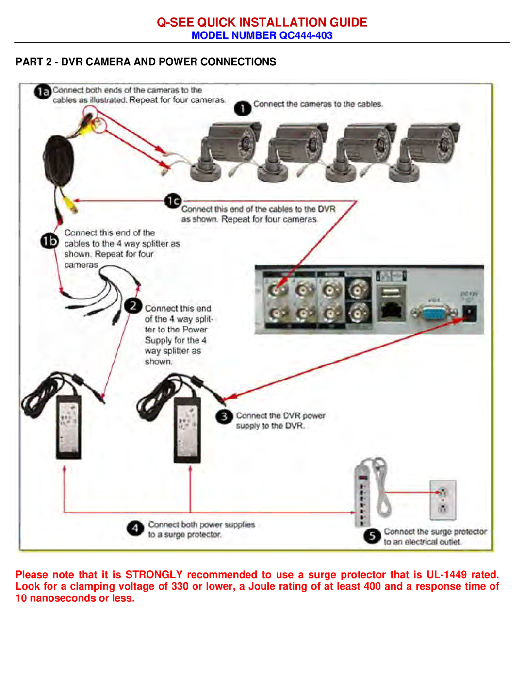 Q-See QC444-403 manual Part 2 DVR Camera and Power Connections 