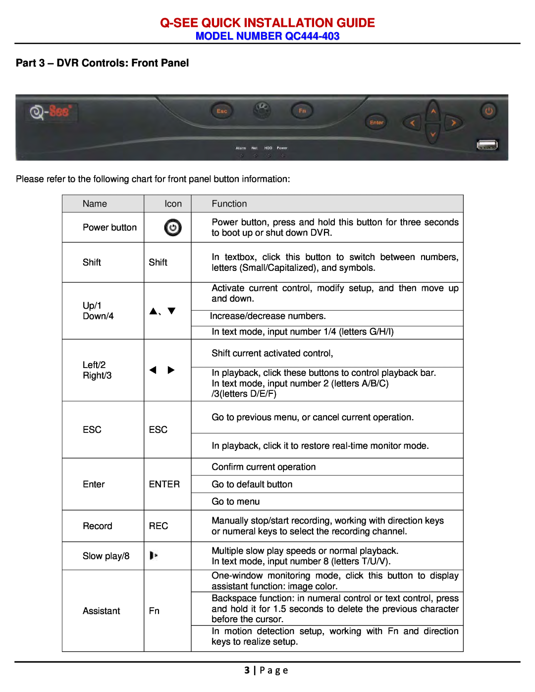 Q-See manual Part 3 - DVR Controls Front Panel, P a g e, Q-See Quick Installation Guide, MODEL NUMBER QC444-403 