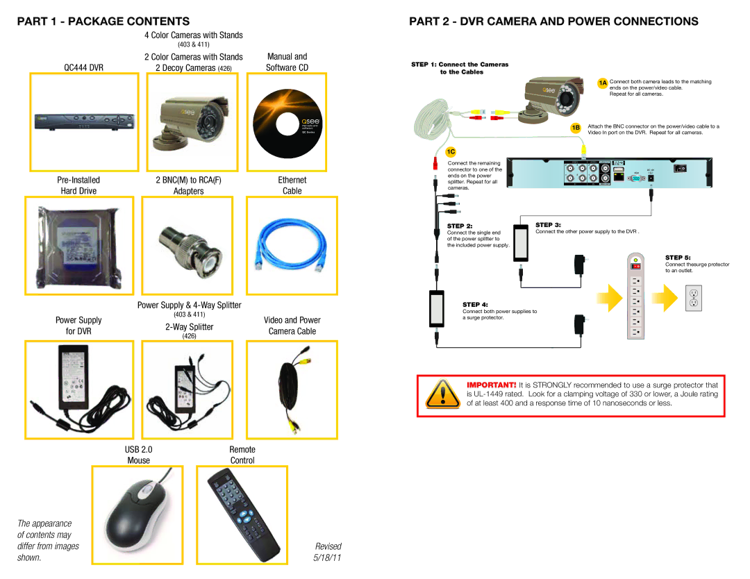 Q-See QC444-403/411/426 manual Part 1 Package Contents, Part 2 DVR Camera and Power Connections 