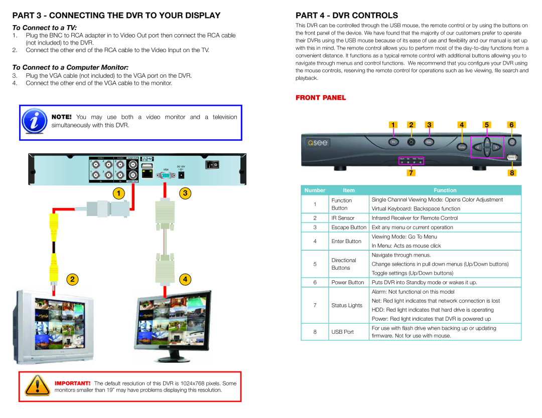 Q-See QC444-403/411/426 manual Part 3 Connecting the DVR to Your Display, Part 4 DVR Controls, Front Panel 