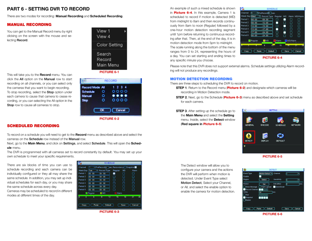 Q-See QC444-403/411/426 manual Part 6 Setting DVR to Record, Manual Recording, Scheduled Recording 