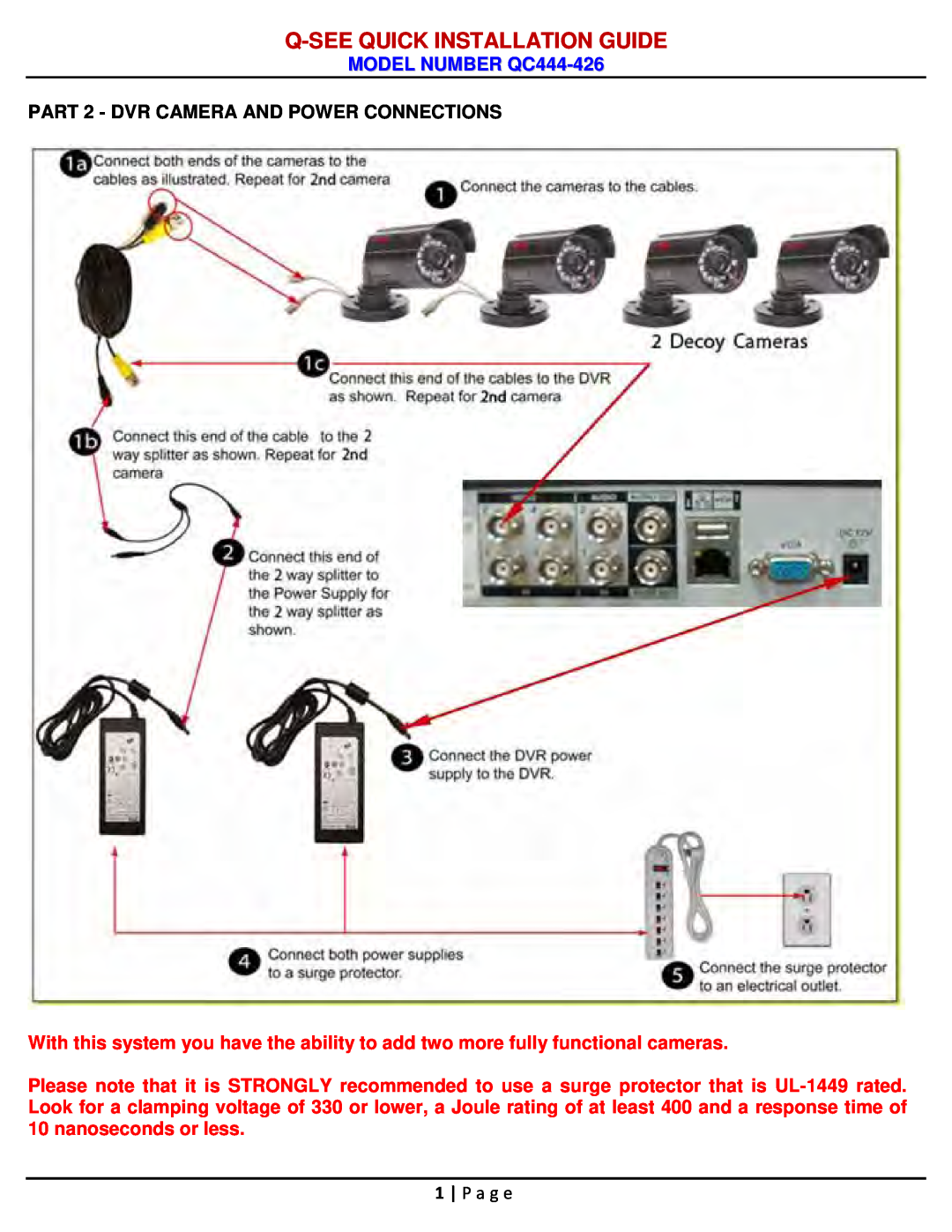 Q-See manual PART 2 - DVR CAMERA AND POWER CONNECTIONS, Q-Seequick Installation Guide, MODEL NUMBER QC444-426 