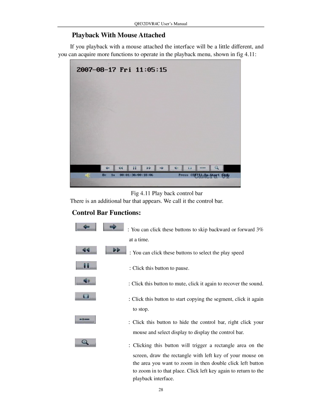 Q-See QH32DVR4C user manual Playback With Mouse Attached, Control Bar Functions 