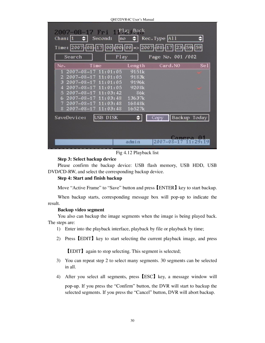 Q-See QH32DVR4C user manual Playback list, Again to stop selecting. This segment is selected 