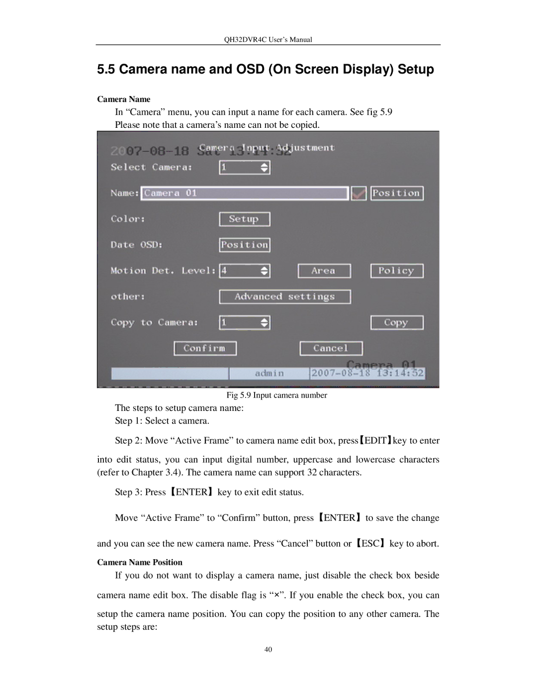 Q-See QH32DVR4C user manual To save the change, Camera Name Position 