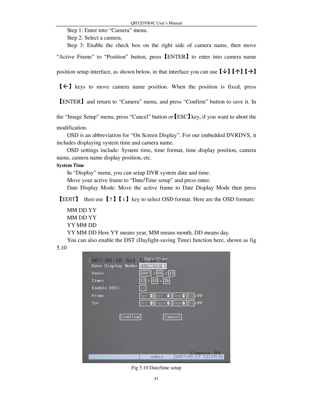 Q-See QH32DVR4C user manual Return to Camera menu, and press Confirm button to save it, System Time 