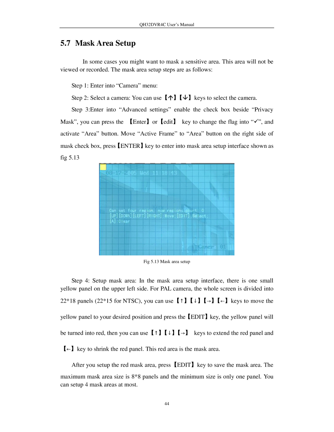 Q-See QH32DVR4C user manual Mask Area Setup, 22*18 panels 22*15 for NTSC, you can use Keys to move 