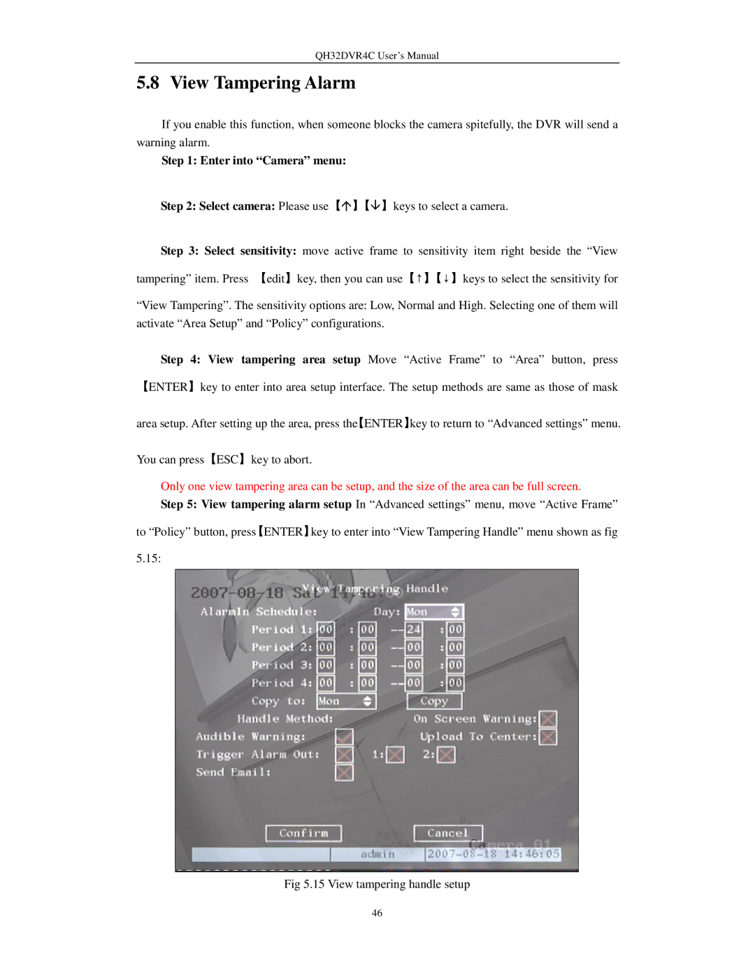 Q-See QH32DVR4C user manual View Tampering Alarm, Enter into Camera menu Select camera Please use, Select sensitivity 