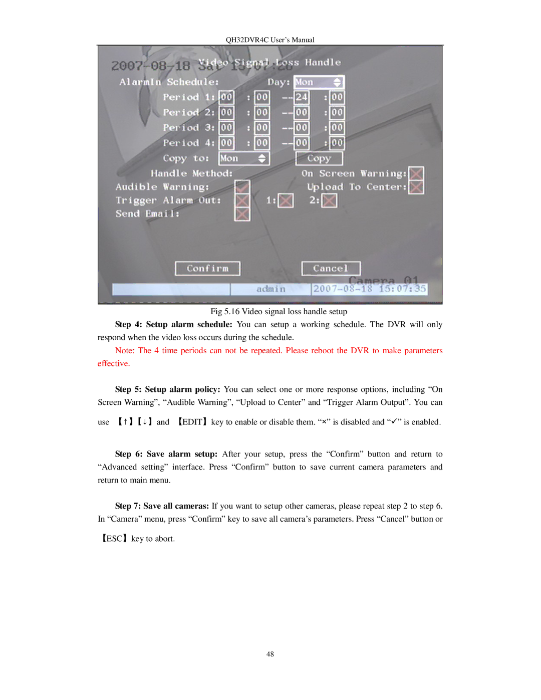 Q-See QH32DVR4C user manual Save alarm setup, After your setup, press Confirm button 